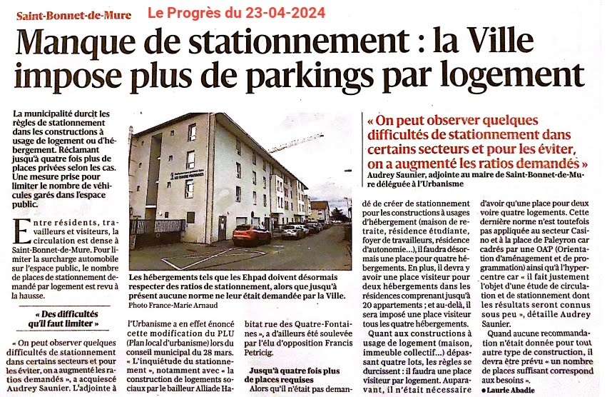 Le Progrès du 23-04-2024 : manque de stationnement, la ville impose plus de parkings par logement